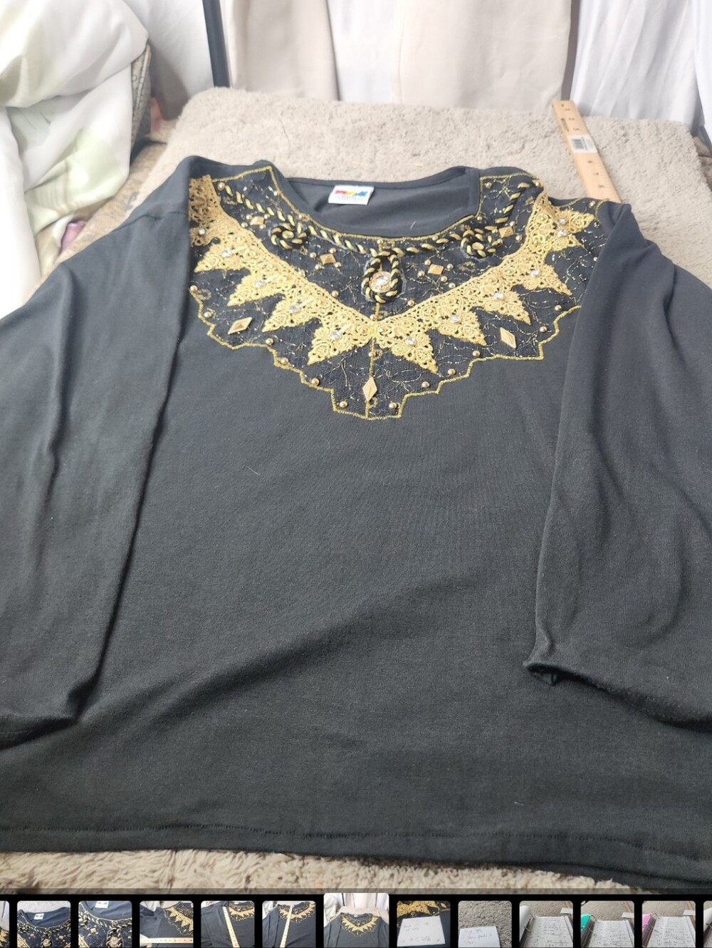 Women's Black Long Sleeve Top with Gold Embellished Lace Yoke - Focus - OSFA